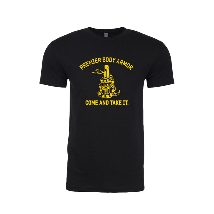 Premier Body Armor's Come and Take It T-Shirt available in black with yellow font. 