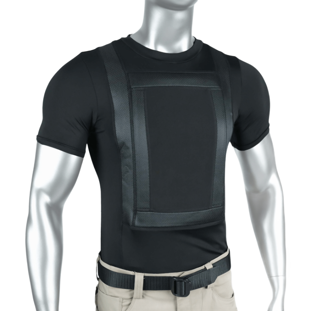 A moisture wicking, bulletproof T shirt containing Level 3a plates. These soft body armor plates fit inside the shirt's pockets in the front and back. This body armor shirt carrier is concealable under any clothing.
