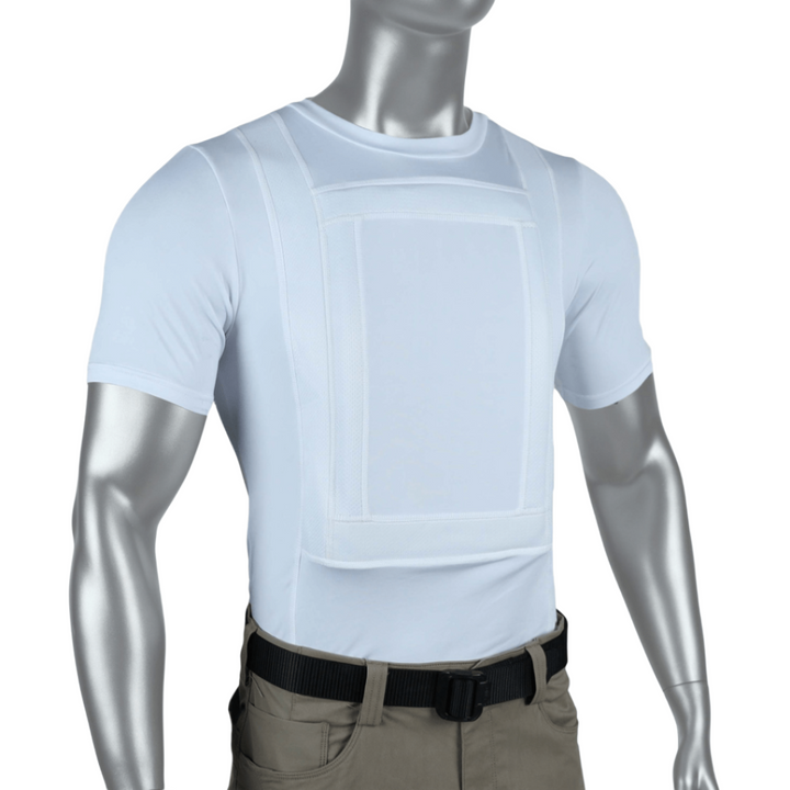 Concealable, bulletproof t shirt with level 3a soft body armor plates. This ballistic armor stops all handgun rounds. These bullet proof vest plates fit inside the vest shirt's pockets in the front and back.