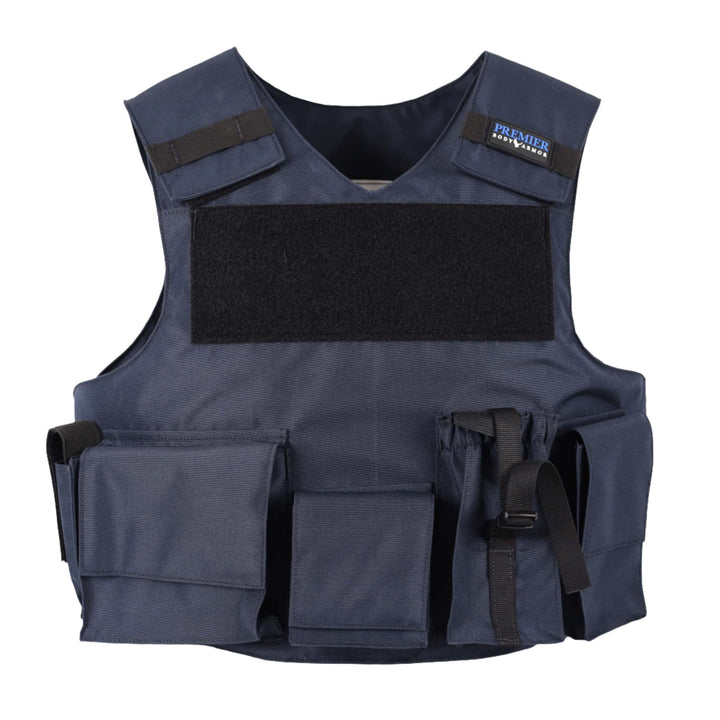 A tactical bulletproof vest option for first responders. Kevlar body armor included with removable ballistic panels. NIJ Certified protection.