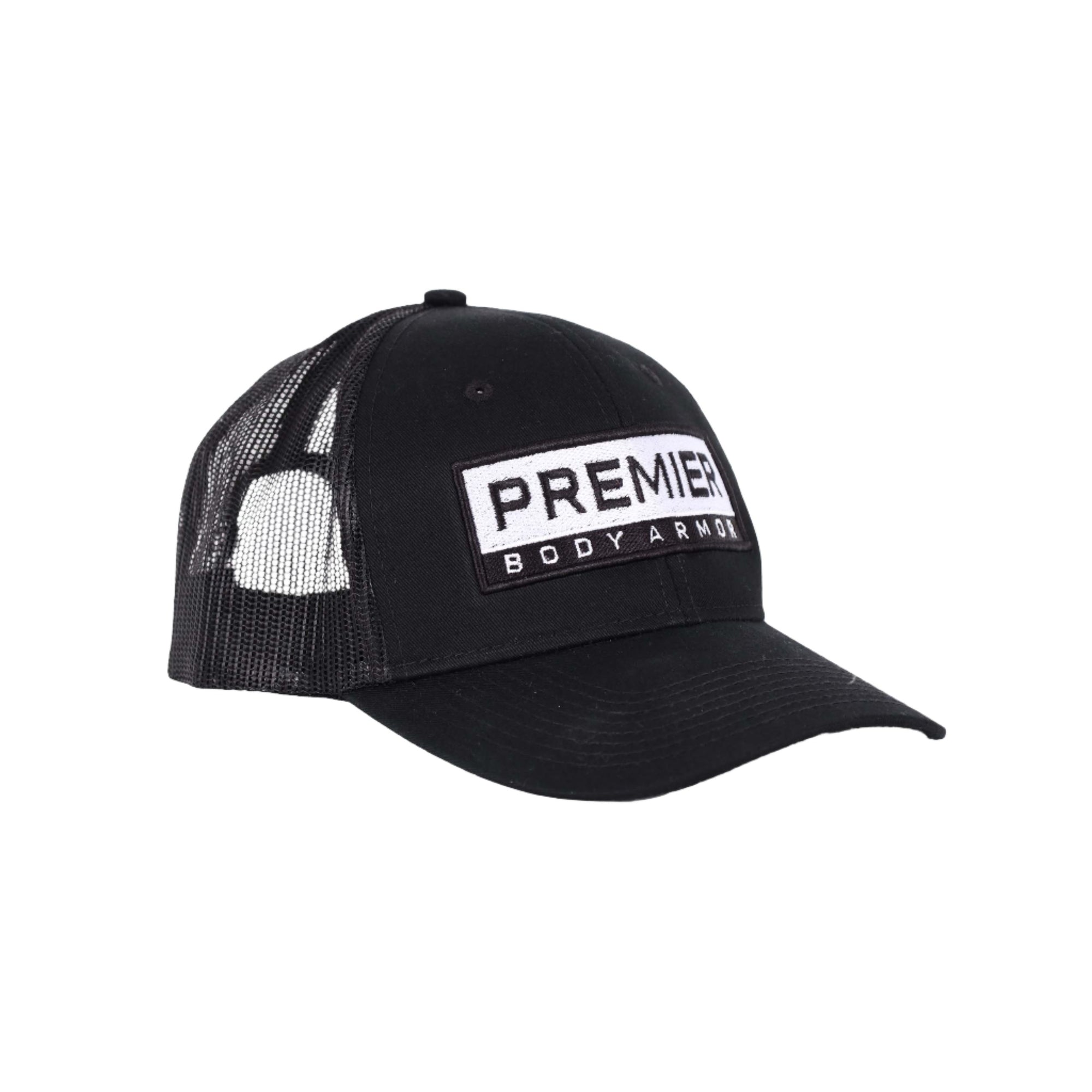 Image of black and white Premier Body Armor trucker hat. 