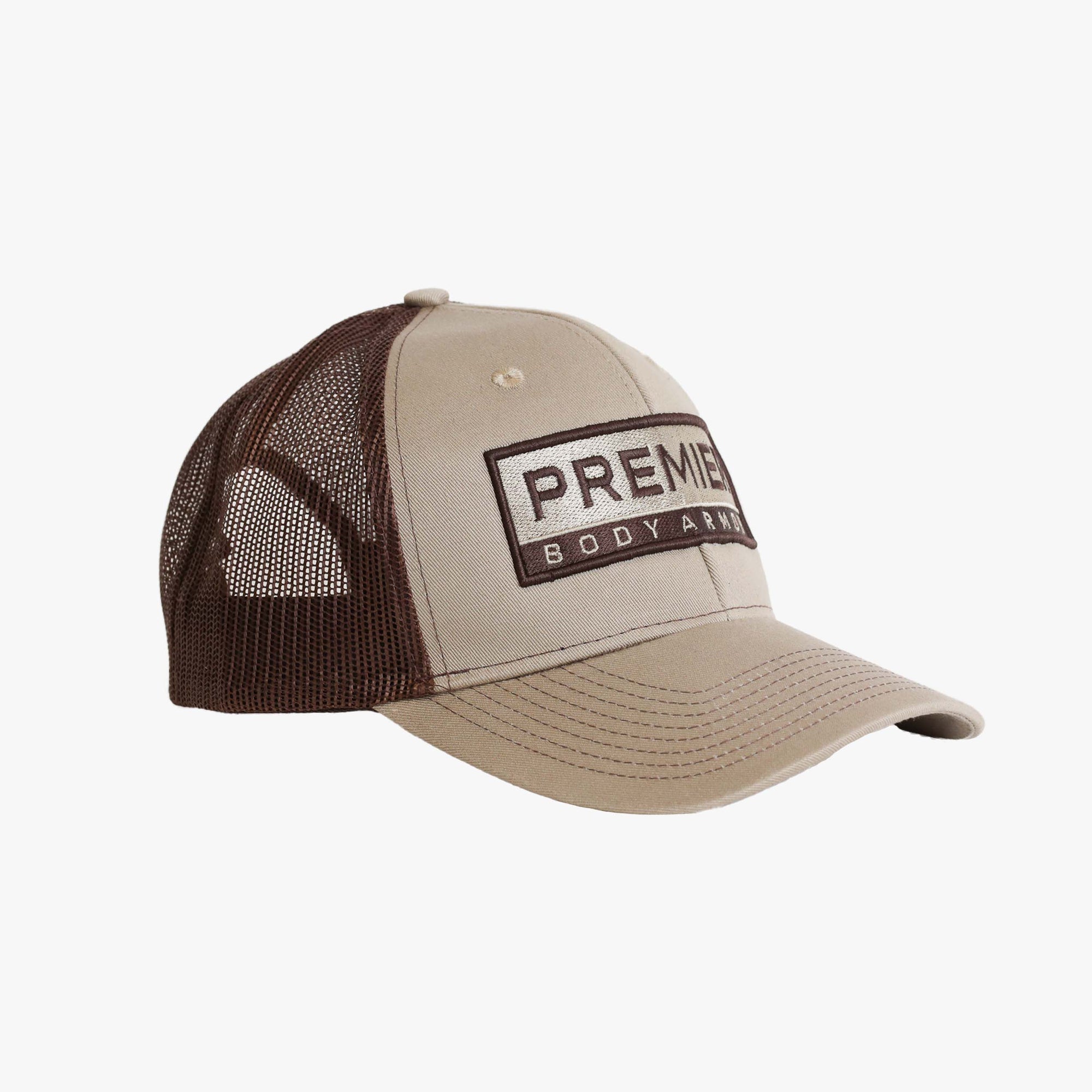 Image of black and white Premier Body Armor trucker hat. 