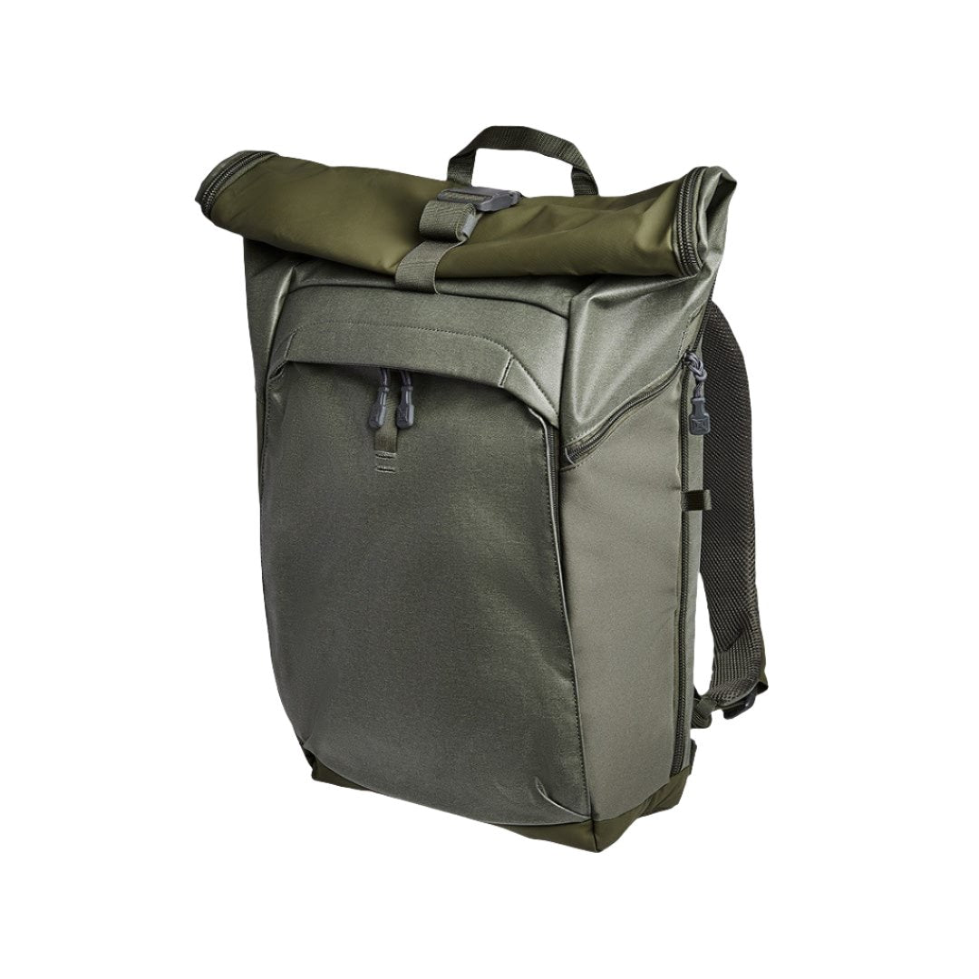 Side image of the new Vertx RuckRoll Pack in OD Green. The ideal backpack for outdoorsmen and overlanders. 