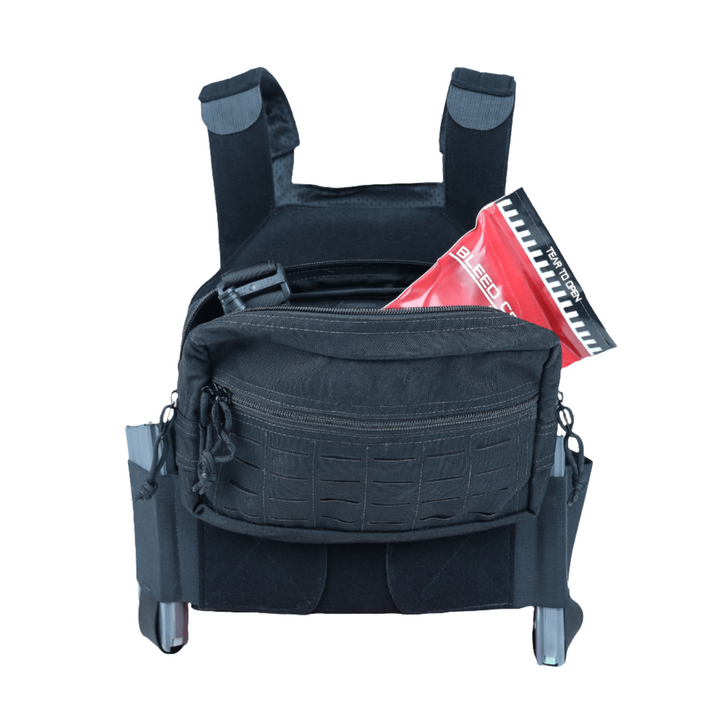 Image of a lightweight concealable plate carrier paired with an admin pouch and Bleed Control Kit.