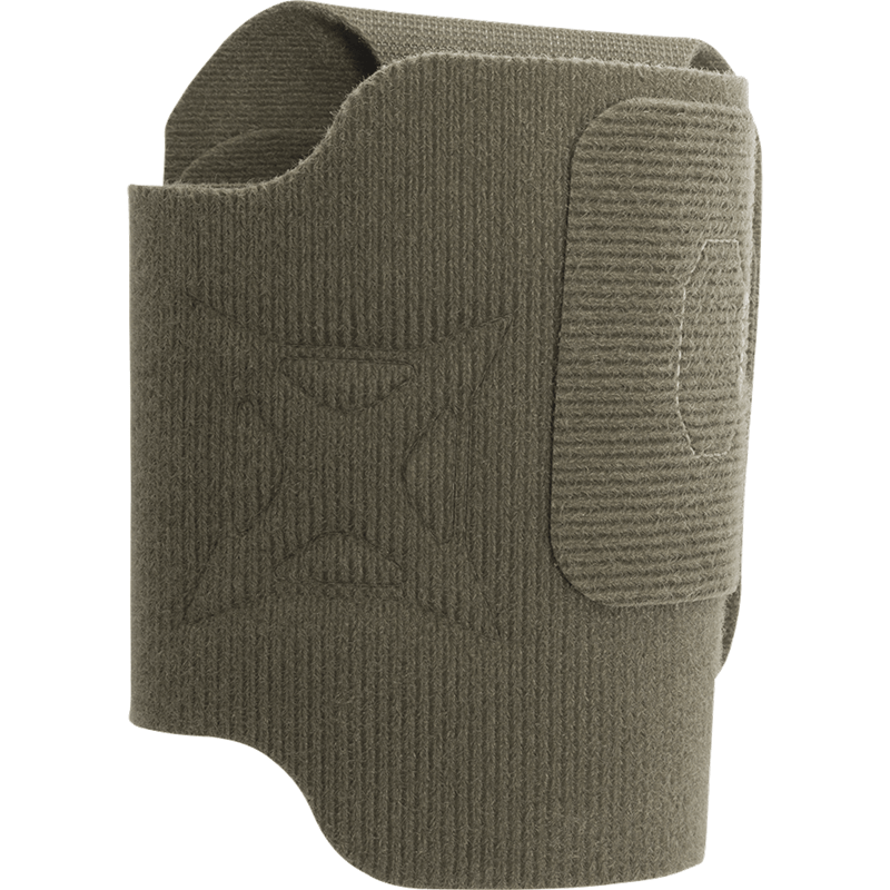 A Vertx Tactigami - MPH SUB in khaki-green, featuring a pocket and large velcro strap, perfect for securing or storing items, displayed on a white background. This multi-purpose holster by Vertx boasts stitched detailing and an embossed design on the front.