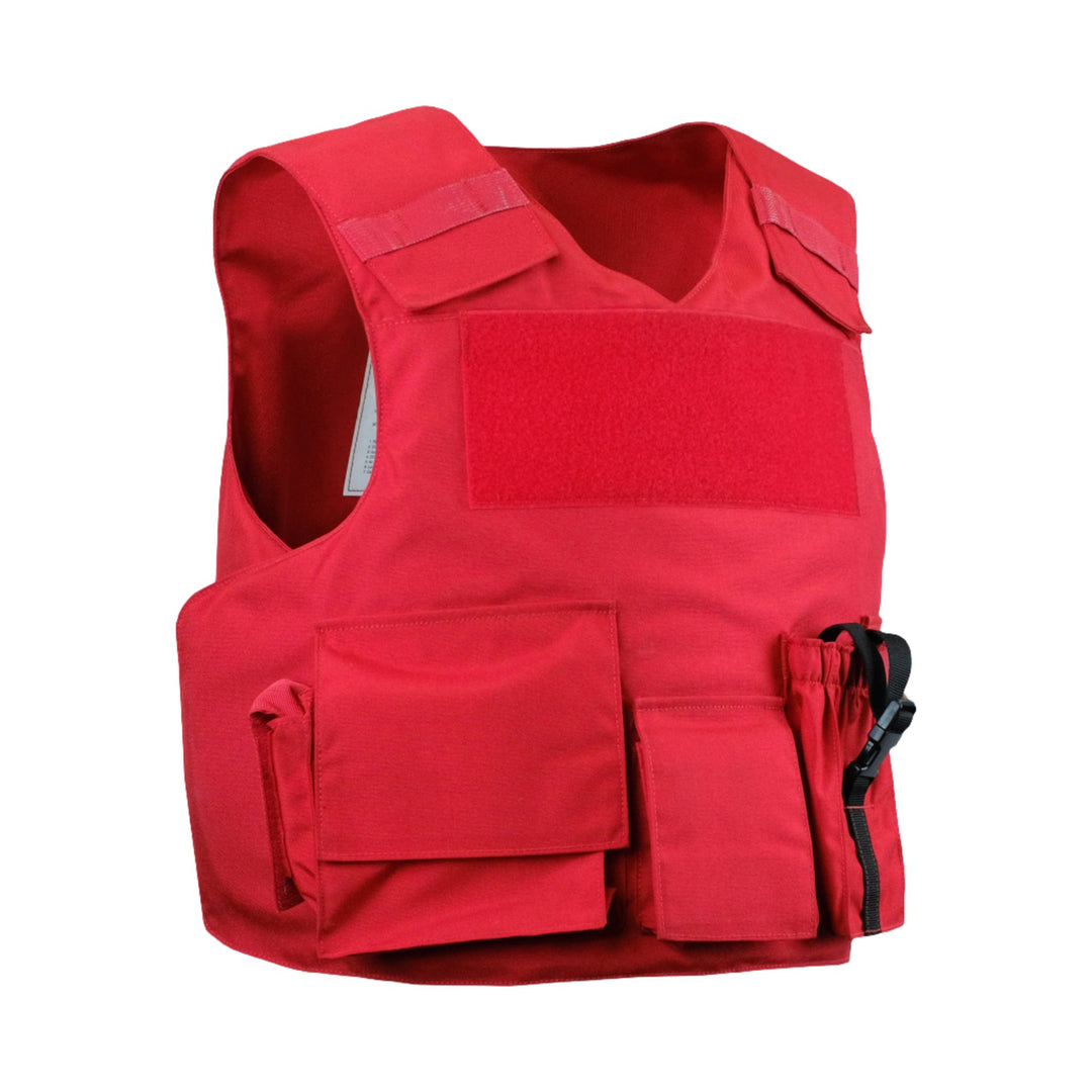 Our red level 3a vest with soft armor panels. Level iii body armor included and removable ballistic panels. 
