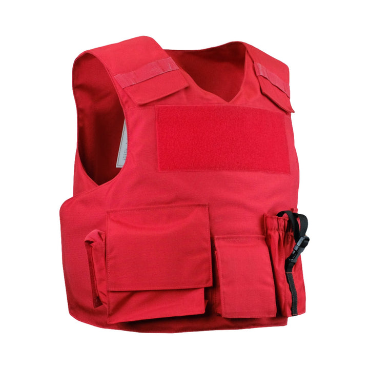 Our red level 3a vest with soft armor panels. Level iii body armor included and removable ballistic panels. 