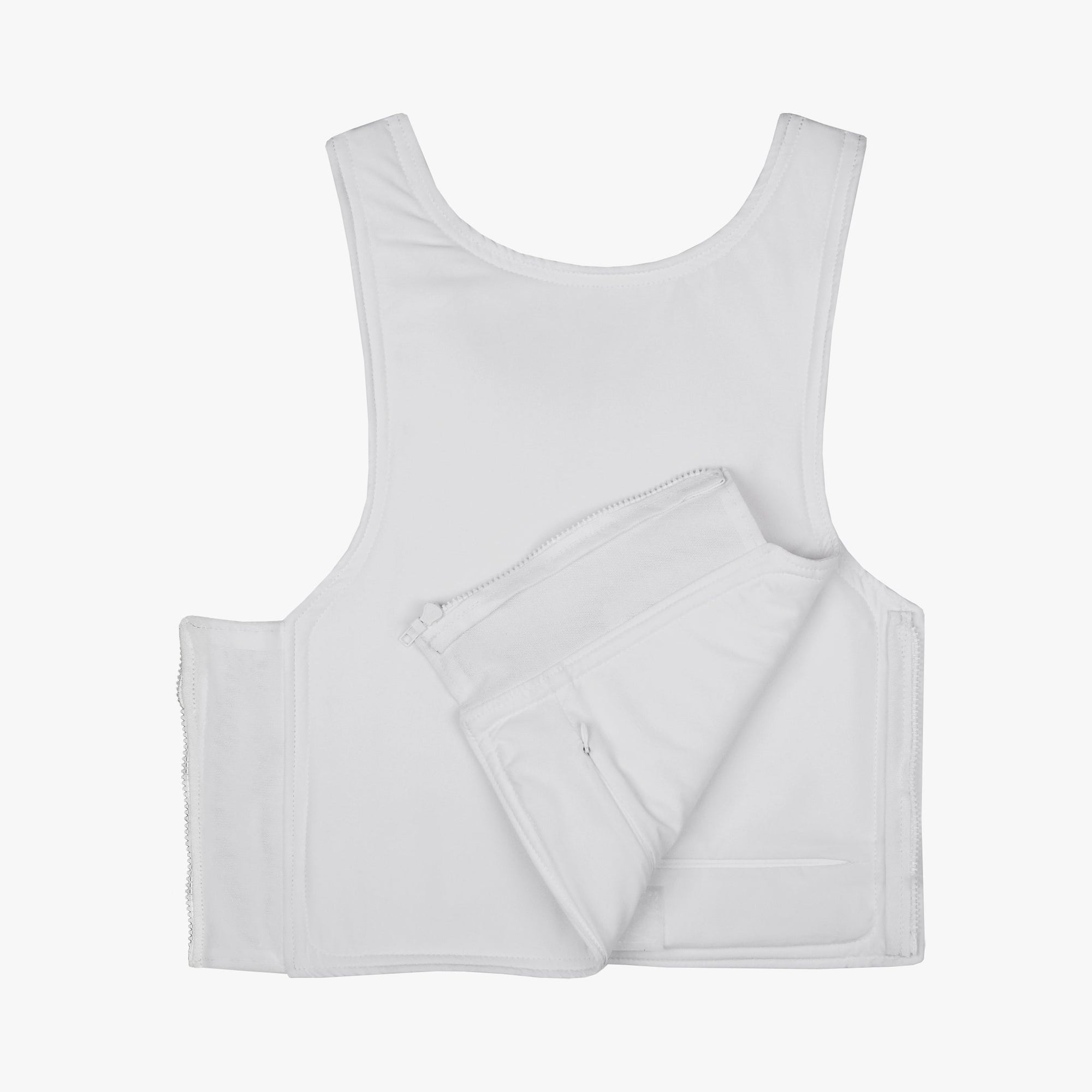 A carrier for one of our best selling bulletproof vests in white. This carrier does not come with level 3a soft armor panels. 