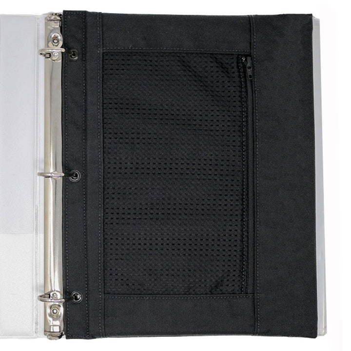 Image of the Bulletproof 3-Ring Pencil pouch inside a binder. Shop armor for children and school safety.